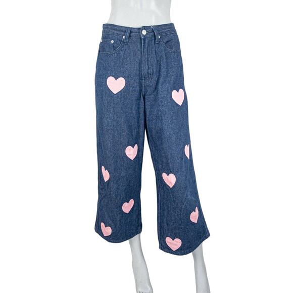 LAZY OAF Women's wide leg Pink Hearts Cut out Denim Jeans Size 26 - Picture 3 of 11